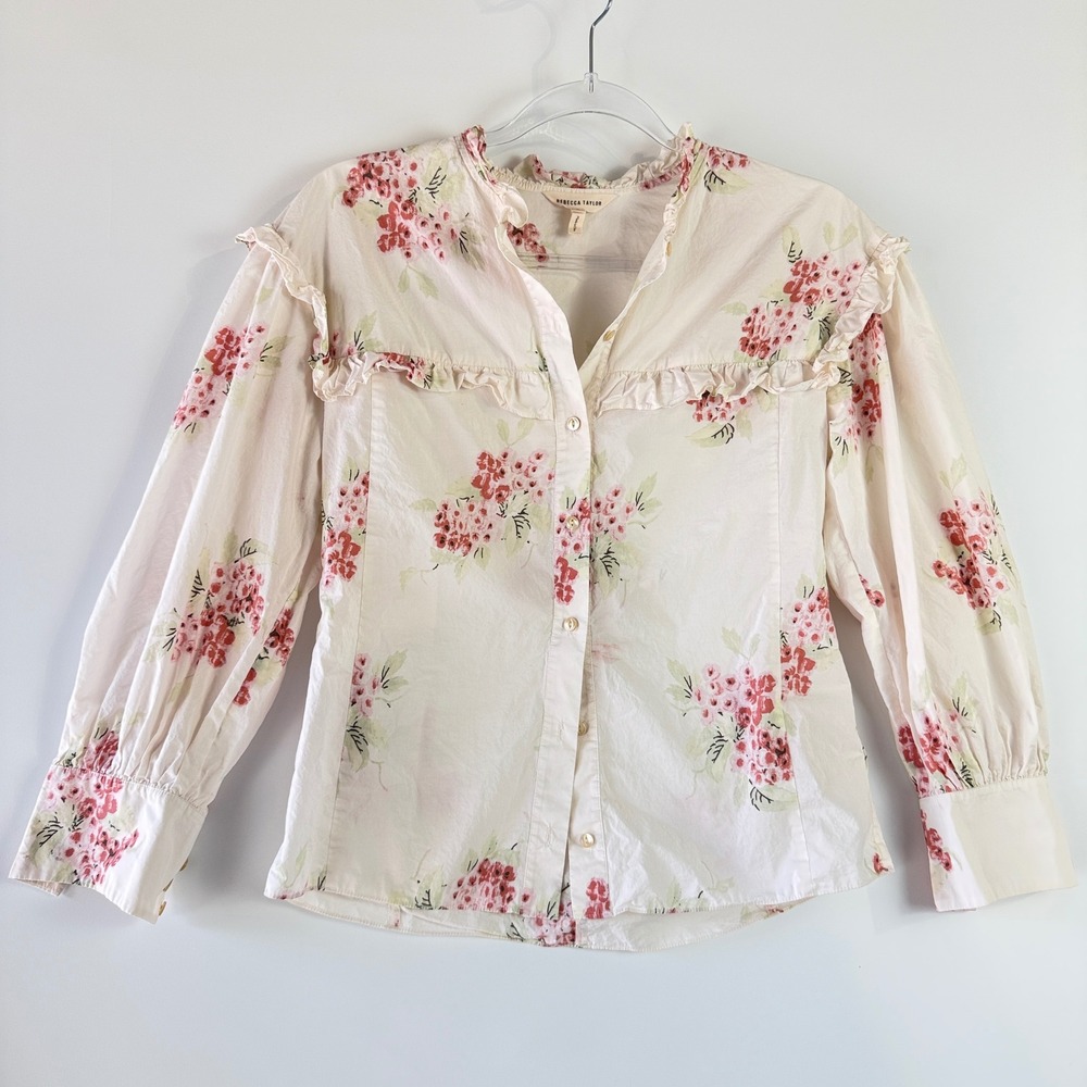 Rebecca Taylor Maia Floral Blouse Women Size 0 Pink Ruffle Cotton Top 118935B631 - Picture 2 of 13